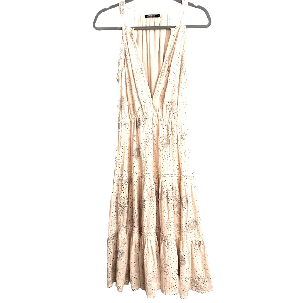 Love Sam Ivory Embroidered Eyelet Beaded Silver Floral V-Neck Midi Dress, S